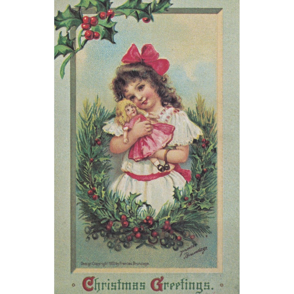 Evergreen Press Christmas Postcard Girl Doll Victorian Cottagecore Nostalgic